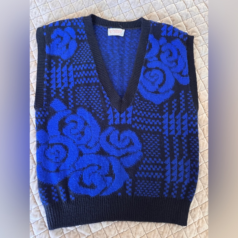 Vintage Blue Floral Sweater Vest Beldoc Popper 80s Grandpa Core Knit Medium